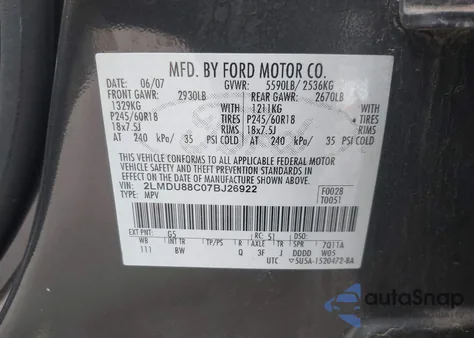 2007 Lincoln Mkx z USA, uszkodzony, nr VIN 2LMDU88C07BJ26922